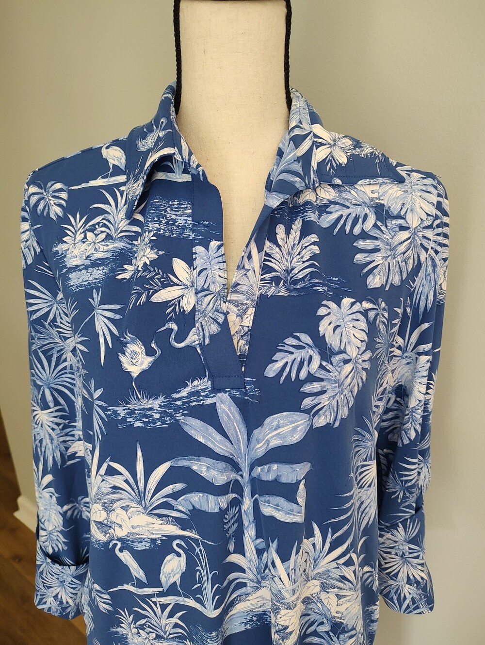 J.Mclaughlin Tropical Botanical  Catalina Cloth Midi Dress Coastal Blue White L - Picture 3 of 11